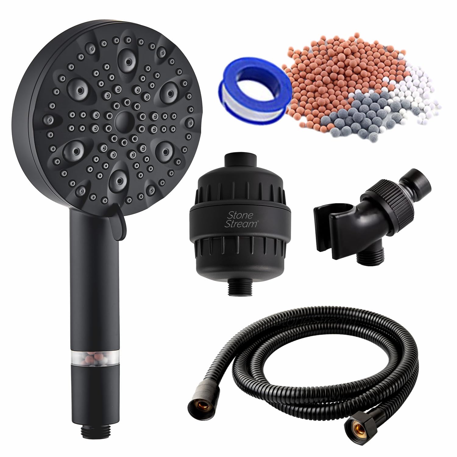 Original StoneStream 9 Spray Mode ShowerHead+Heavy-Duty Hose+Adapter for Easy Installation & Removal+Stone+HW Filter+Tape for Secure Fitting of the