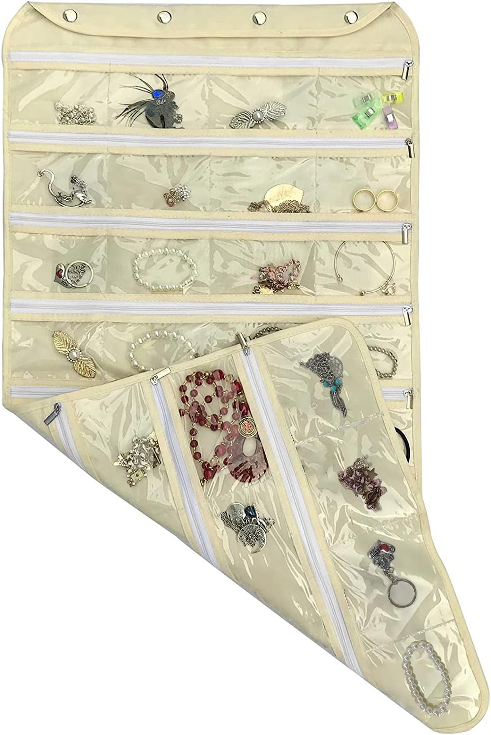 Hanging Jewelry Organizer,Double Sided Jewelry Storage Organizer,80 Zipper Clear PVC Pockets for Holding Necklaces, Bracelets, Rings, Earrings