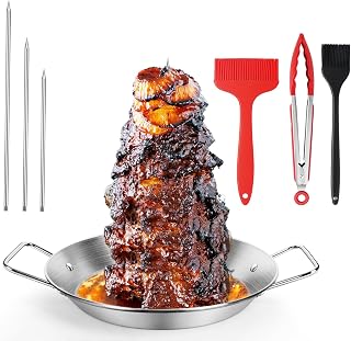 Al Pastor for Grill, Gyro Pan with Skewer, Stainless Steel Vertical Skewer, Stand Rack for Tacos, Shawarma, Gyros, with 3 Removable (9"/10"/12") Barbecue Spikes, 2 Oil Brushes & Barbecue Tongs