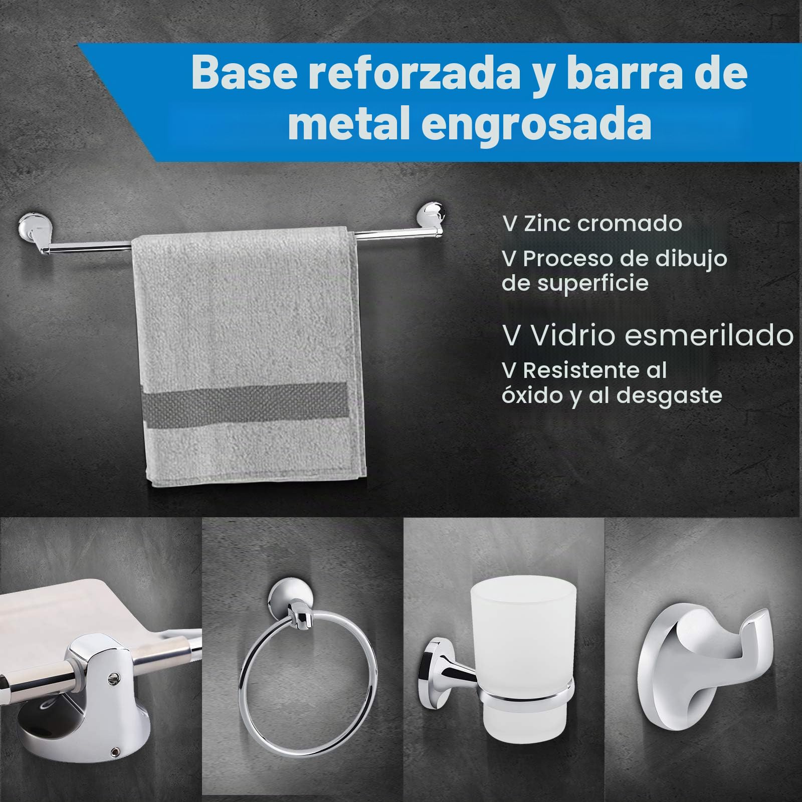 Ejoyous Juego de baño de 6 Piezas: toallero, portarrollos, jabonera, Gancho y portacepillos de Dientes, Zinc Cromado + Vidrio Esmerilado, Moderno, Plateado
