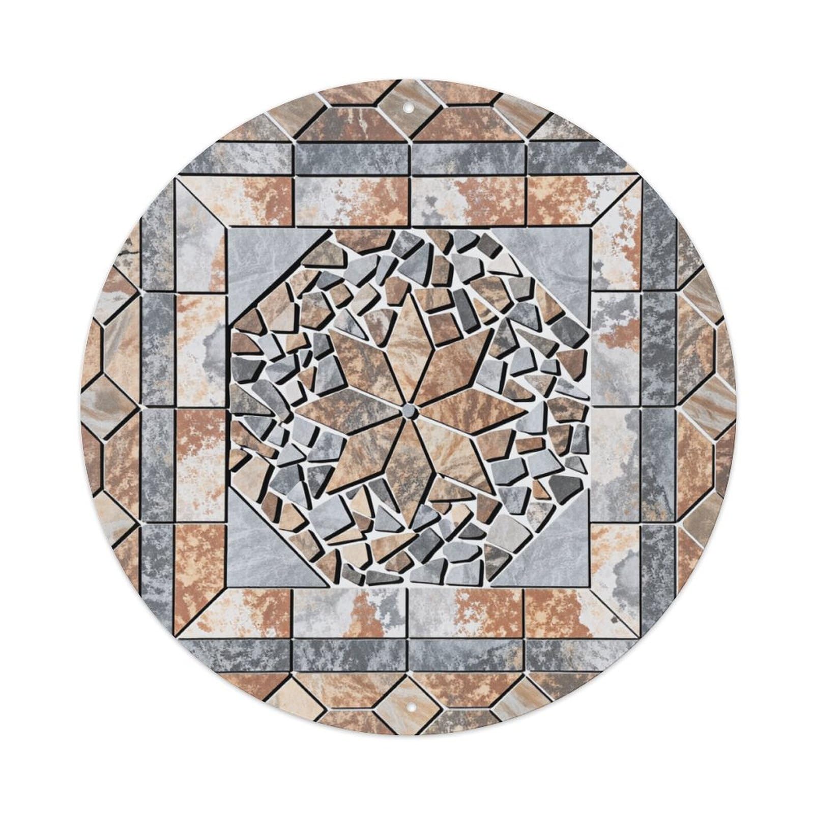 Geometric Stone Mosaic Design Pattern Round Tin Sign Vintage Metal Poster, Home Bar Garage Man Cave Cafe Indoor & Outdoor Wall Decoration 8x8Inches