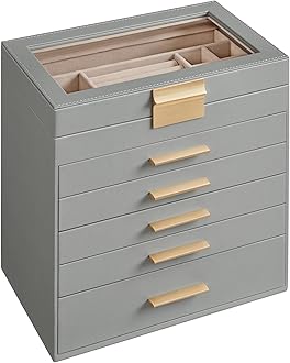 SONGMICS Jewelry Box Organizer with Glass Lid, 6-Layer Jewelry Storage, with 5 Drawers, Modern Style, 6.4 x 9.9 x 11.4 Inches, Dove Gray and Gold Color UJBC171G01