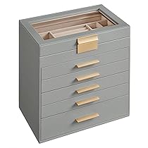 SONGMICS Scatola Portagioie, 6 Livelli, Coperchio in Vetro, 5 Cassetti, Porta Gioielli, Occhiali da Sole e Accessori Grandi, Moderno, Grigio Tortora e Dorato JBC171G01