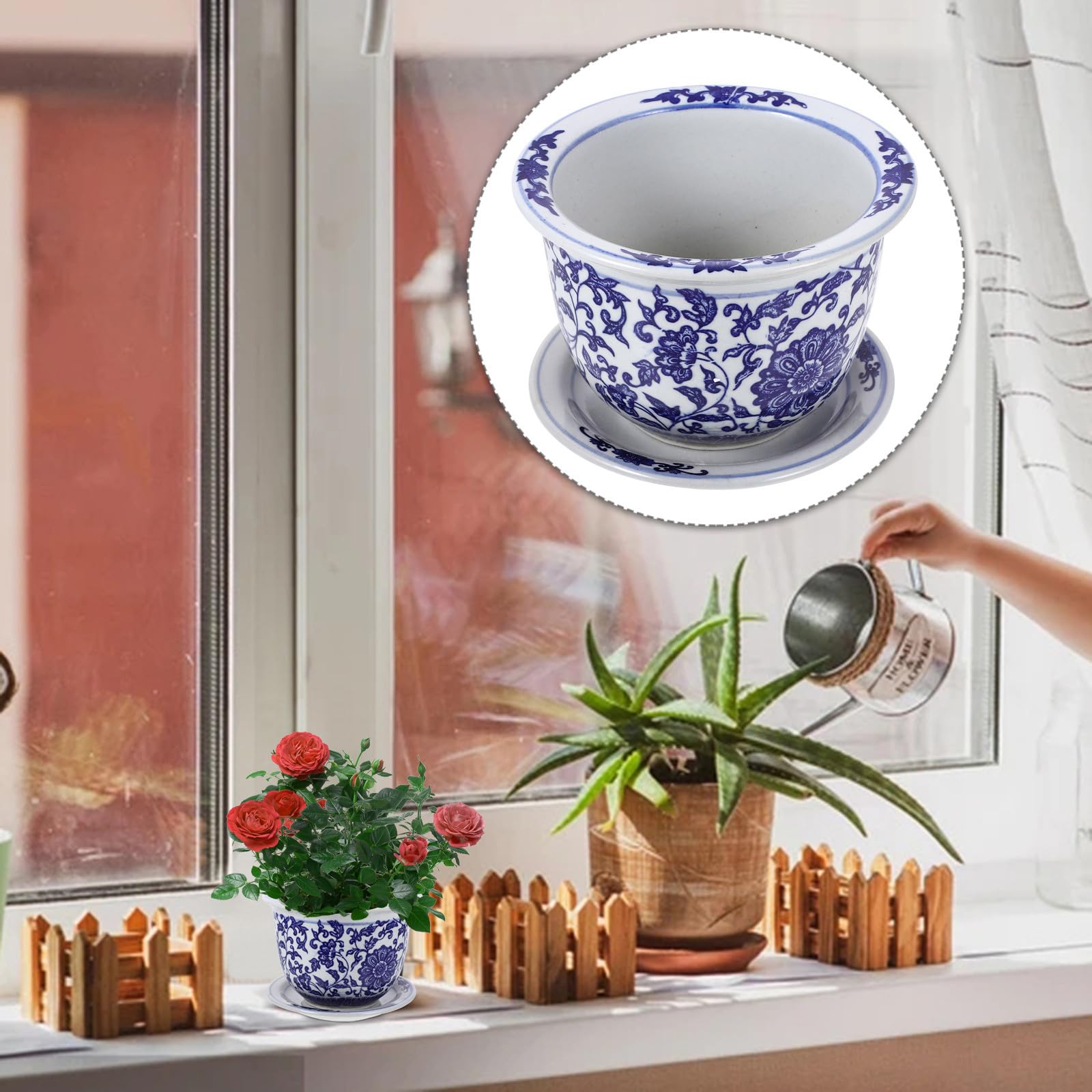 Set 1 Vaso in Ceramica con Motivo Blu Classico, con Vassoio Incluso, Vaso Decorativo per Bonsai e Piante Grasse da Interno da Esterno