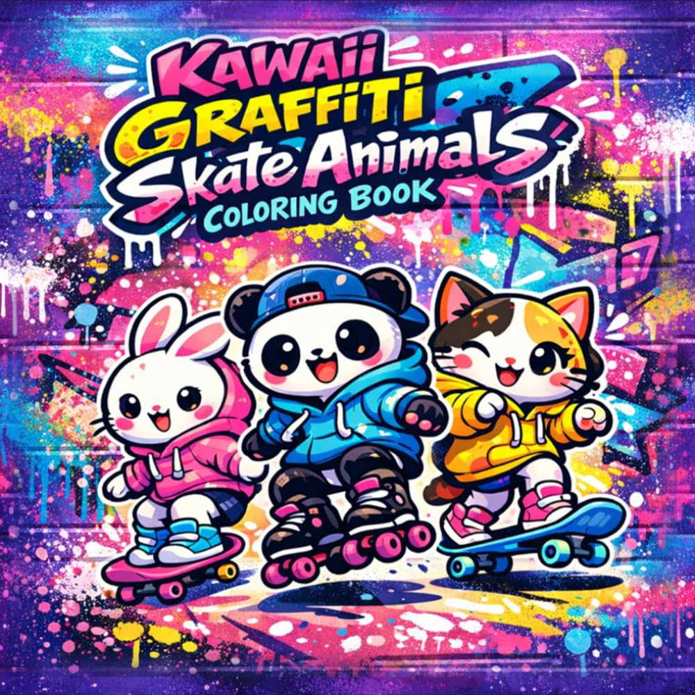 Kawaii Graffiti Skate Animals Coloring Book: Cute Skateboarding Animals with Fun Graffiti Backgrounds for Kids - Single-Sided Black Pages to Prevent Bleed-Through