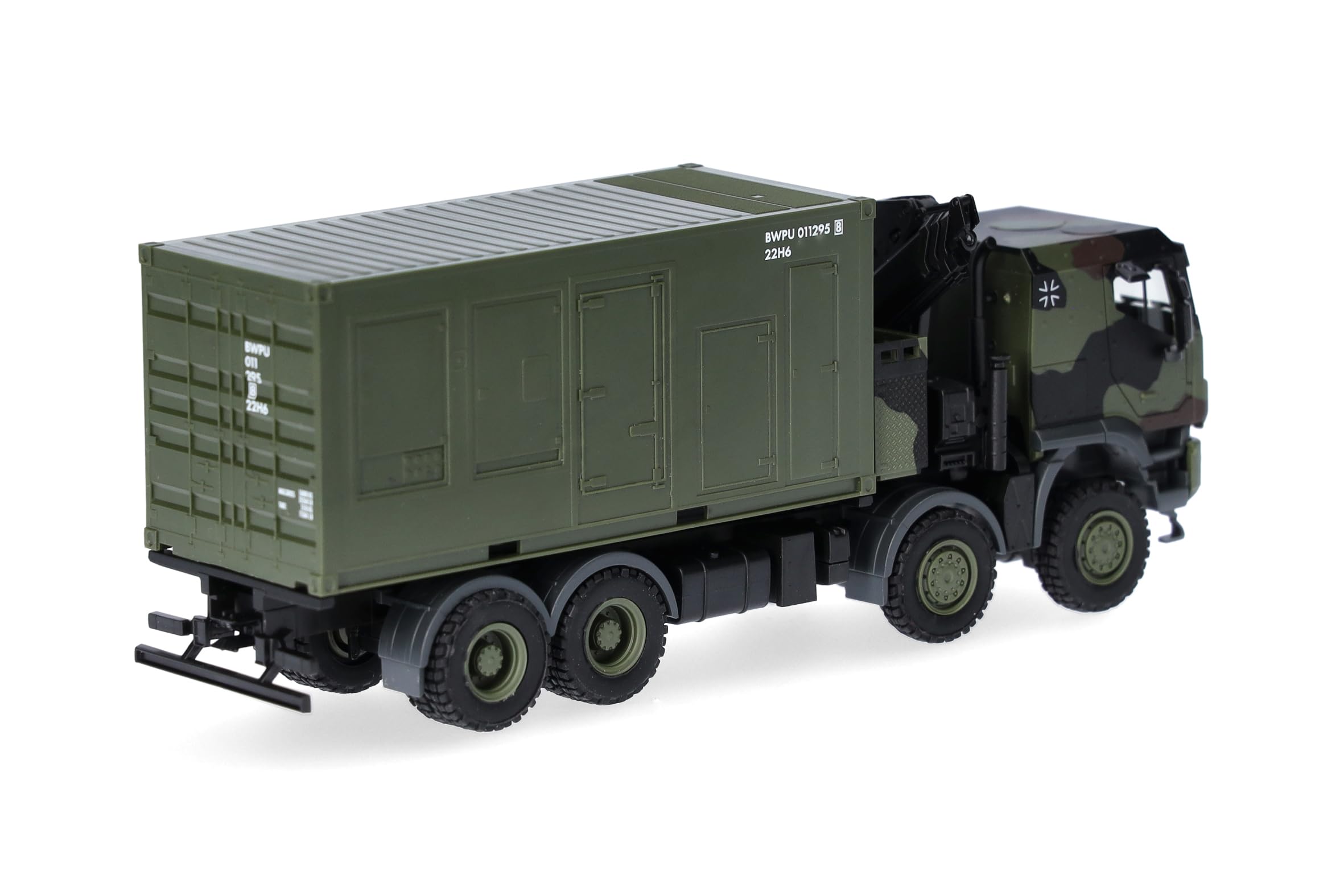 Herpa Military LKW Modell Iveco Trakker 8x8 LKW mit Kran 20 ft. Container „Bundeswehr“, Miniatur im Maßstab 1:87, Sammlerstück, Made in Germany, Kunststoff
