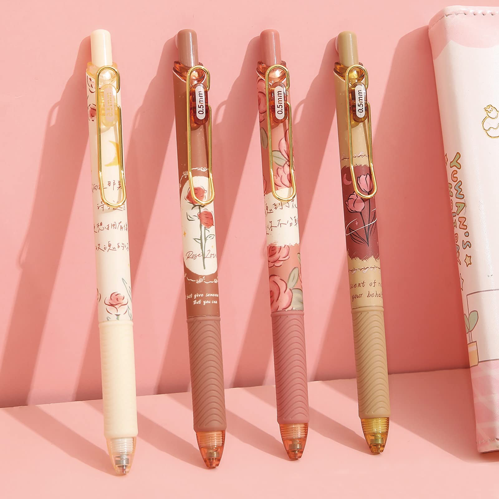 MOZXIRZ 4 bolígrafos de tinta de gel, bolígrafos retráctiles de flores de 0.5 mm, bolígrafos de gel de tinta negra para mujeres y niñas, bonitos bolígrafos estéticos, bolígrafos de oficina y escuela