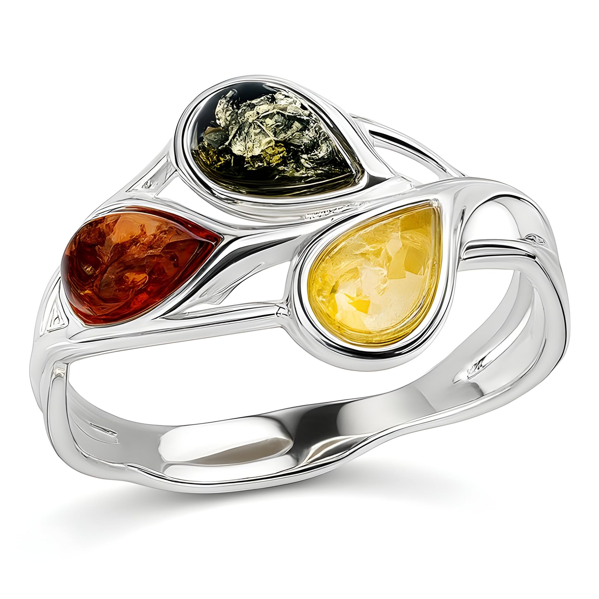 Anello in argento sterling con ambra tricolore – Pietre multicolori gialle, verdi, arancioni – misure disponibili da 19 a 1