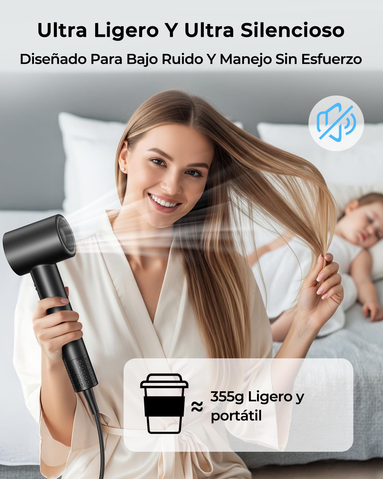 Secador de Pelo Iónico Profesional, Secador de Alta Velocidad 160.000 RPM, Flujo de Aire 36 m/s, Secado Rápido, 500M Iones Negativos, Control Inteligente, Silencioso y Ligero, Difusor Magnético