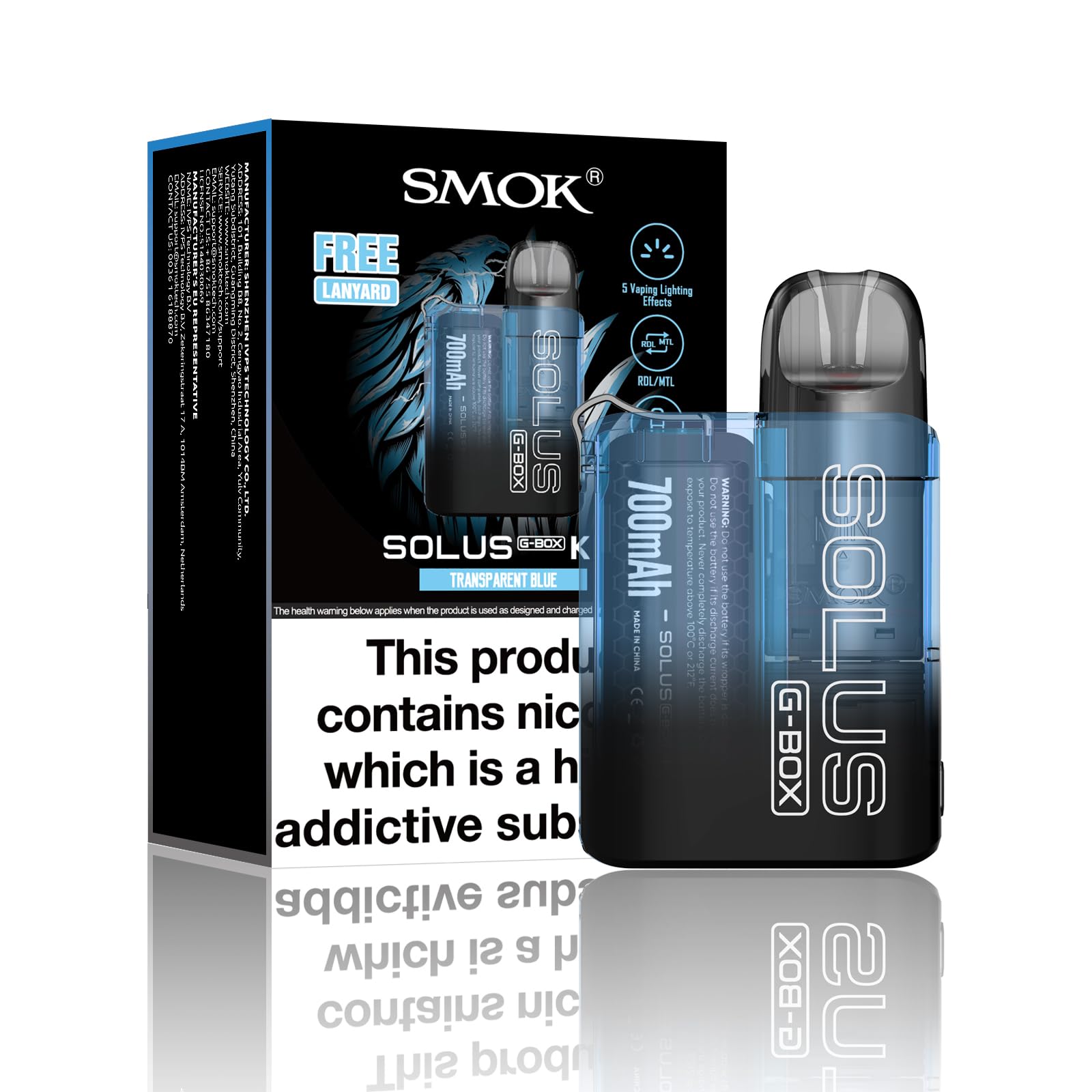 SMOK Solus G-BOX Kit E Cigarettes Vape Kit (Transparent Blue) Futuristic Look and Comfortable Hold Vape Pod Kit No Nicotine