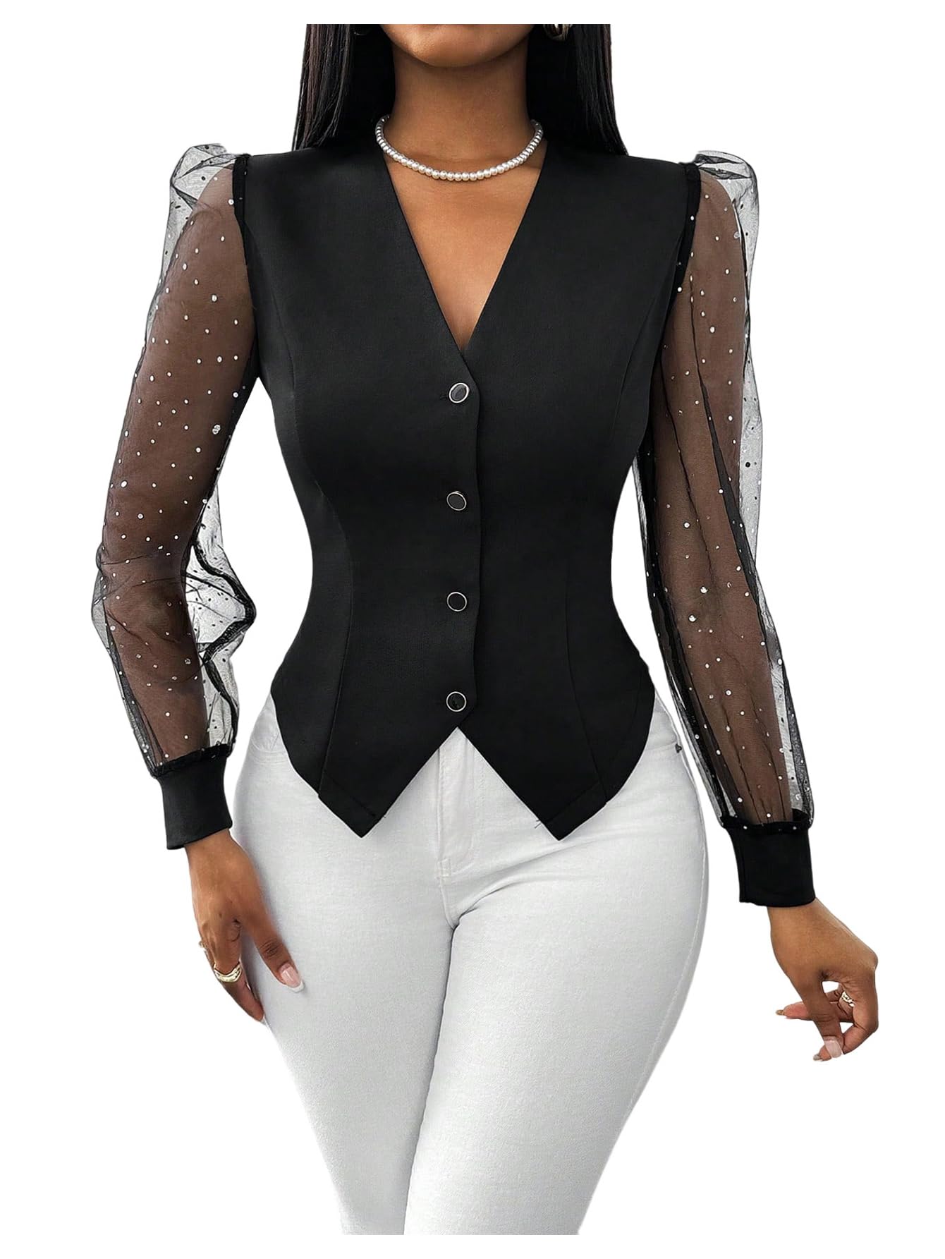 Floerns Womens Casual Button Blouse Blazer V Neck Sequined Lantern Mesh Sleeves Business Blouse