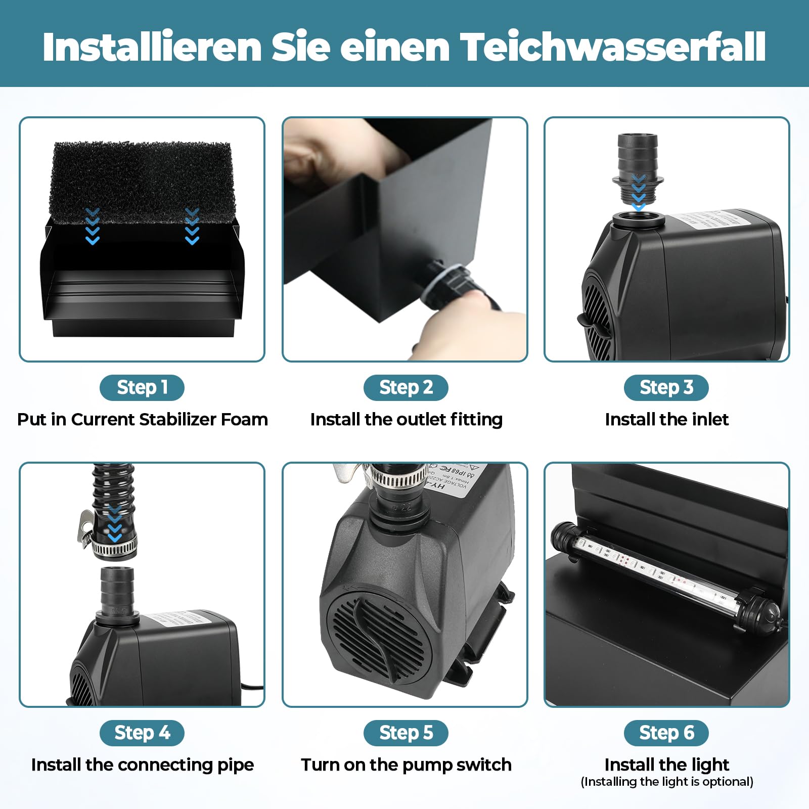 Teichwasserfall Überlauf für Gartenteiche, 20 cm Edelstahl Überlauf Teichbrunnen-Set mit 45W 3000L/H Pumpe für Teich, Pool, Garten, Terrassendekoration