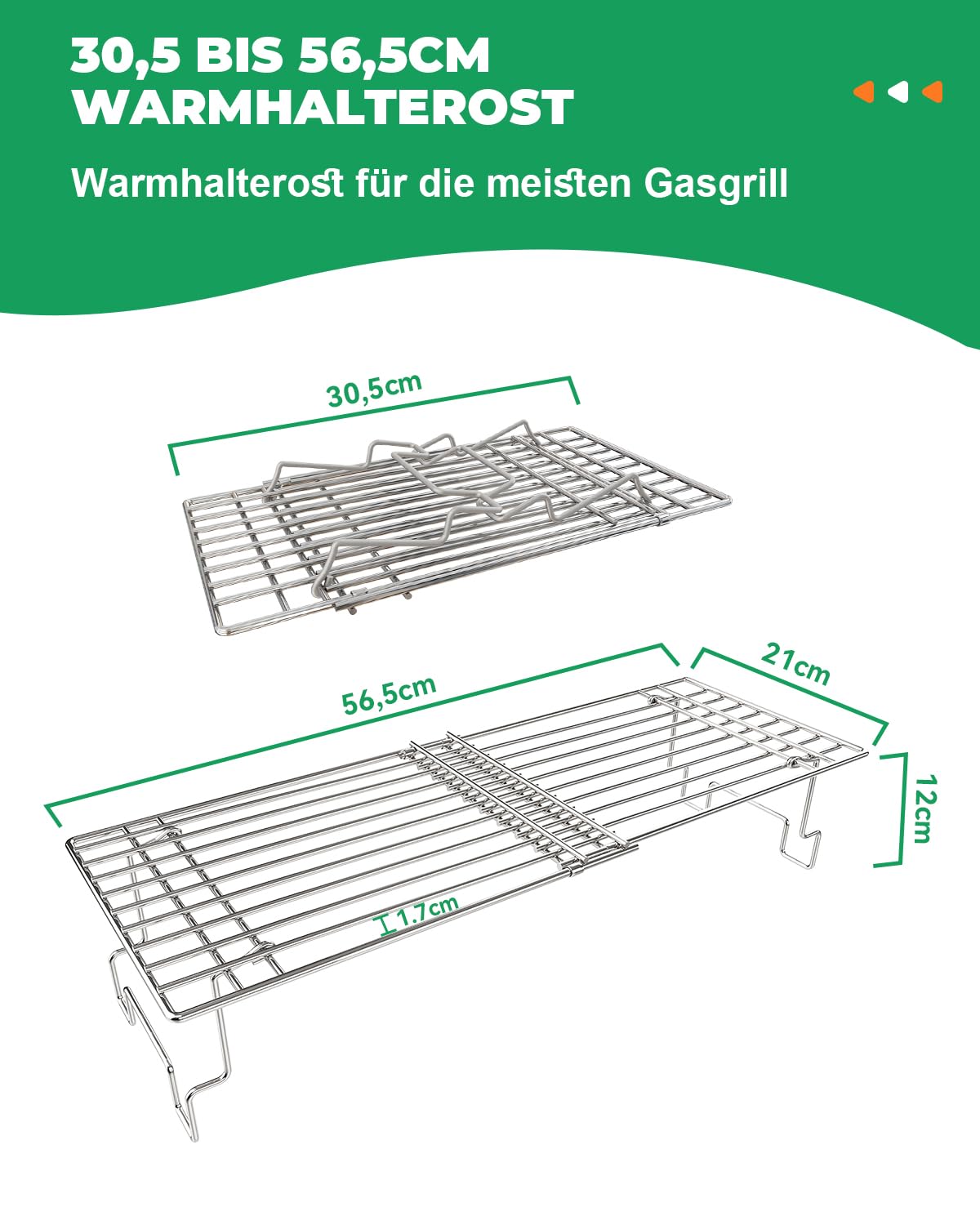 WELL GRILL Universal Edelstahl Warmhalterost für Weber Spirit & Genesis, Landmann, Burnhard, Taino, Charbroil, Rösle und die meisten Gasgrill, Einstellbar von 30cm bis 56,5cm Grill Warmhalter Zubehör