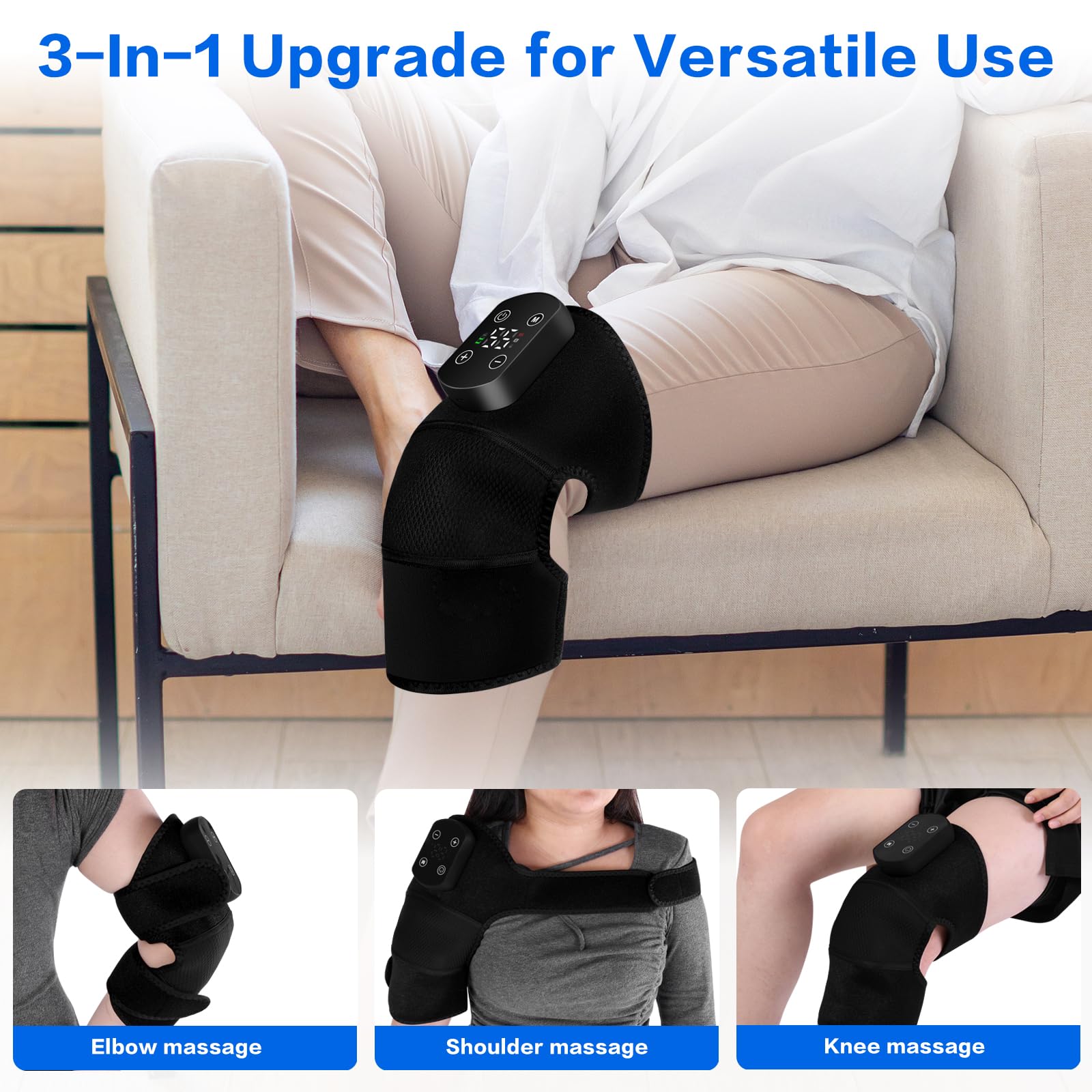Knie-Massagegerät 3-in-1, Kabellos mit Infrarot-Heizung (40-60°C, 5 Stufen), 3 Massagemodi, 5000mAh Akku, LCD-Touch & Auto-Abschaltung, für Knie, Ellbogen & Schultern