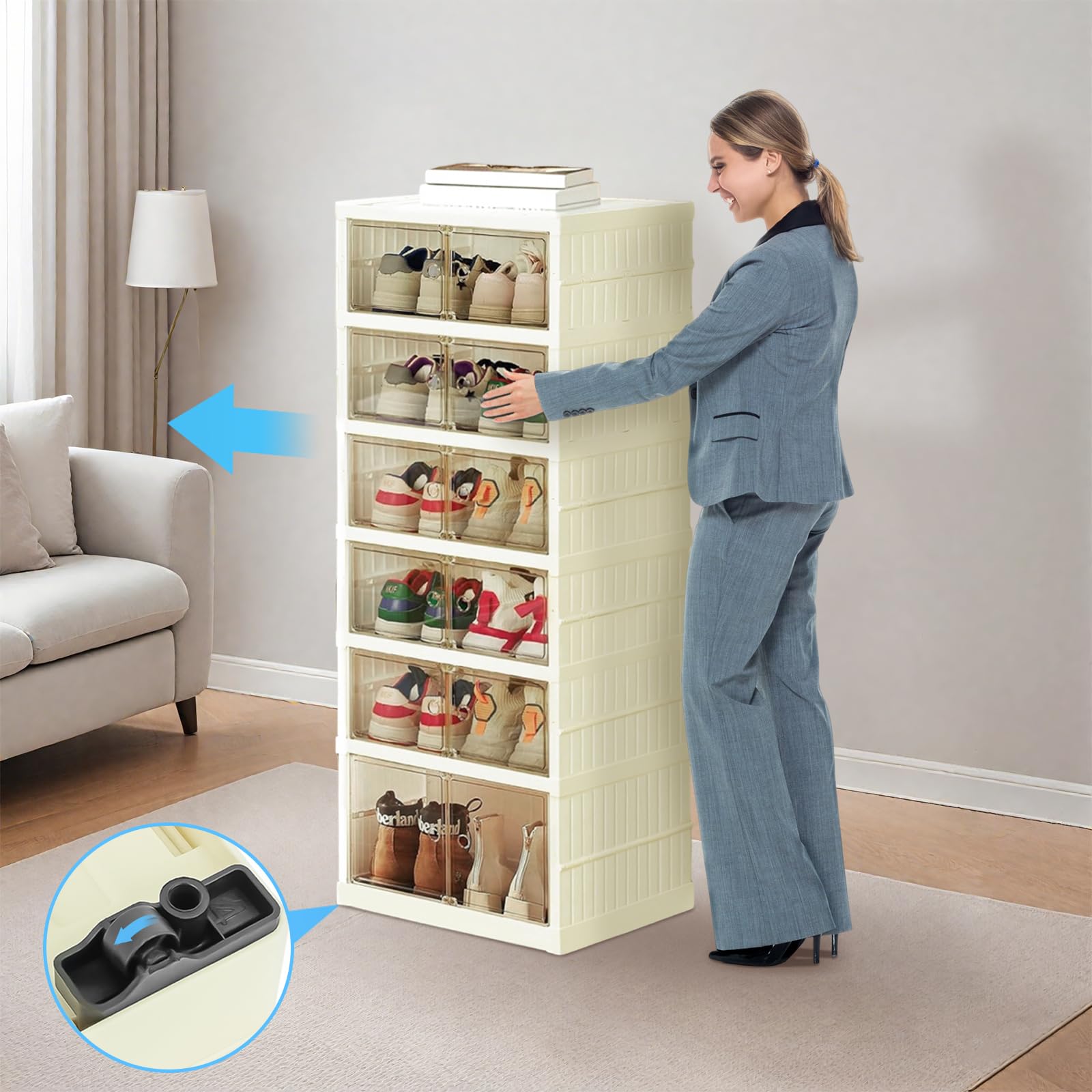 Rangement Chaussures Pliable Dur Plastique 6 étage Pointure Jusqu’à 46 Casier Chaussures Meuble Armoire pour 12pcs Chaussures Boite pour Entree Salon Chambre avec aspiration magnétique Porte