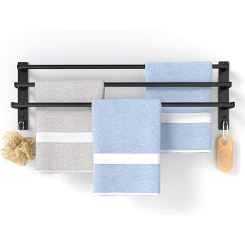 STWWO 80 cm Towel Rail No Drilling Bathroom Towel Holder Wall Mounted Black 3 Rails Bath Towel Holder with Drilling or Self-Adhesive Bathroom Towel Rail with 2 Hooks Stainless Steel
