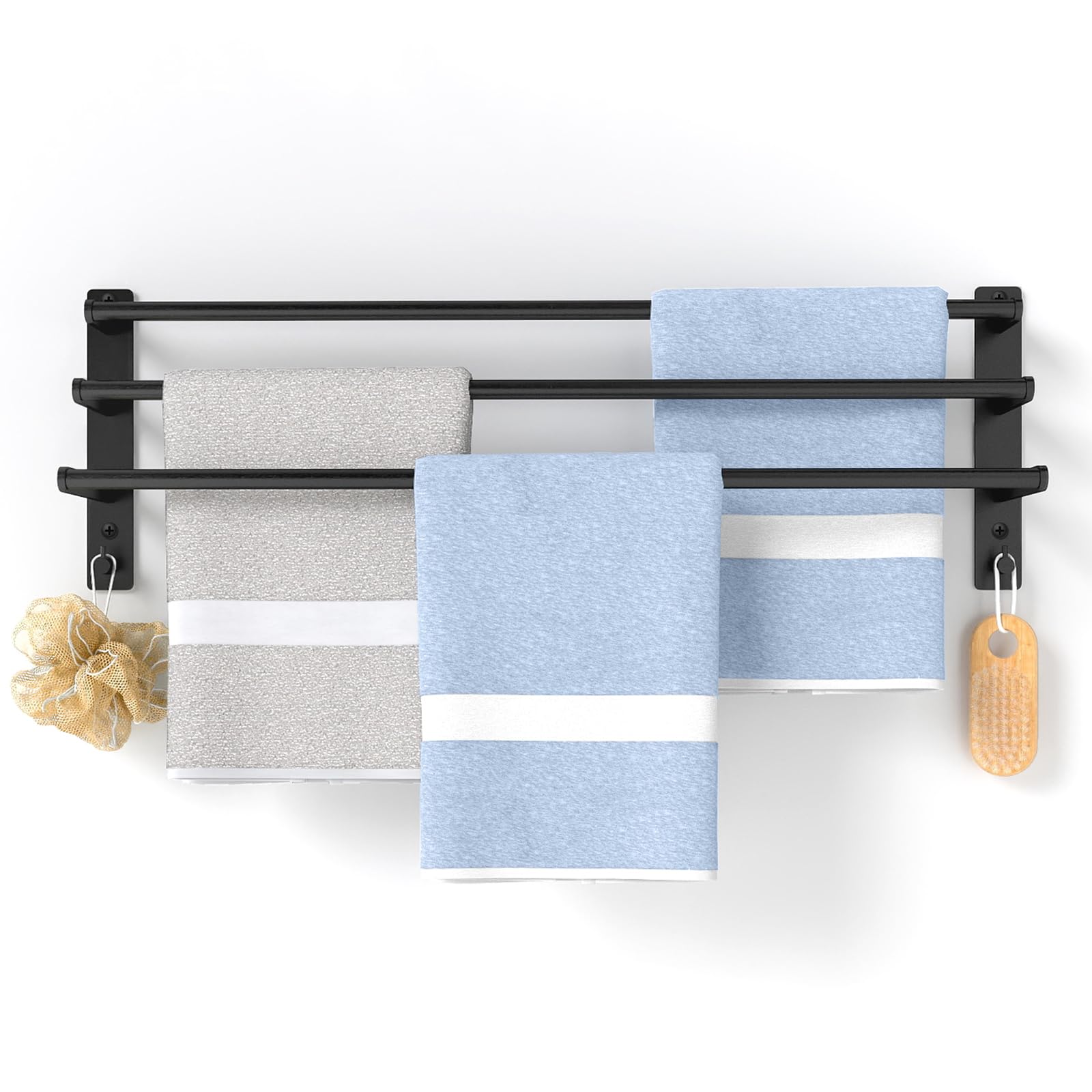 STWWO 3-tier Towel Rail Wall Mounted, 80CM Bathroom Towel Bar Rack Stainless Steel Hand Towel Rail Holder Three Rod Bath Towel Hanger for Wall Hotel Kitchen Bathroom Toilet, Black