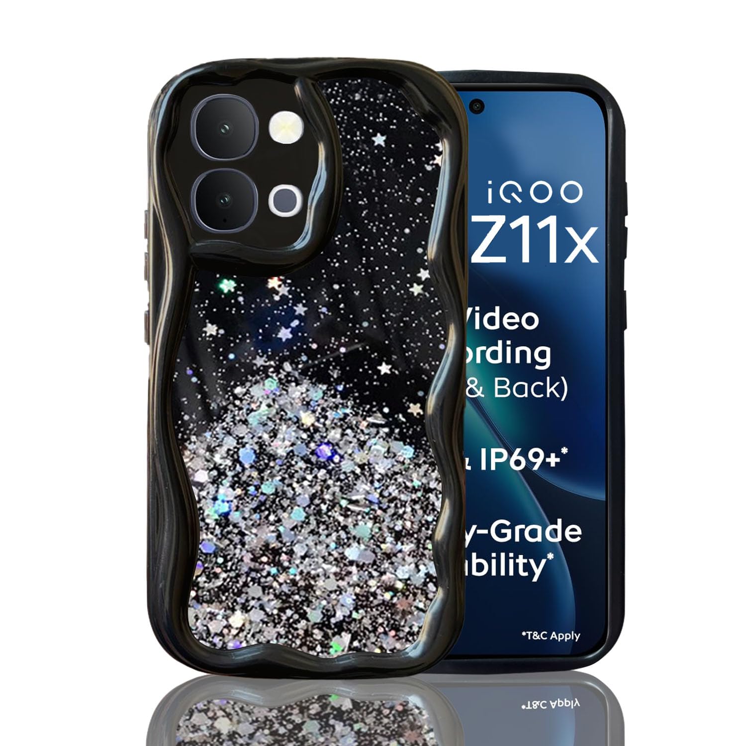 KC Back Cover for iQOO Z11x 5G / Vivo T5x 5G / Y51 Pro 5G - 3D New Curly Wave Dry Fixed Starry Glitter Shockproof Bumper Soft Silicone Case with Camera Protection (Black)-picture-13