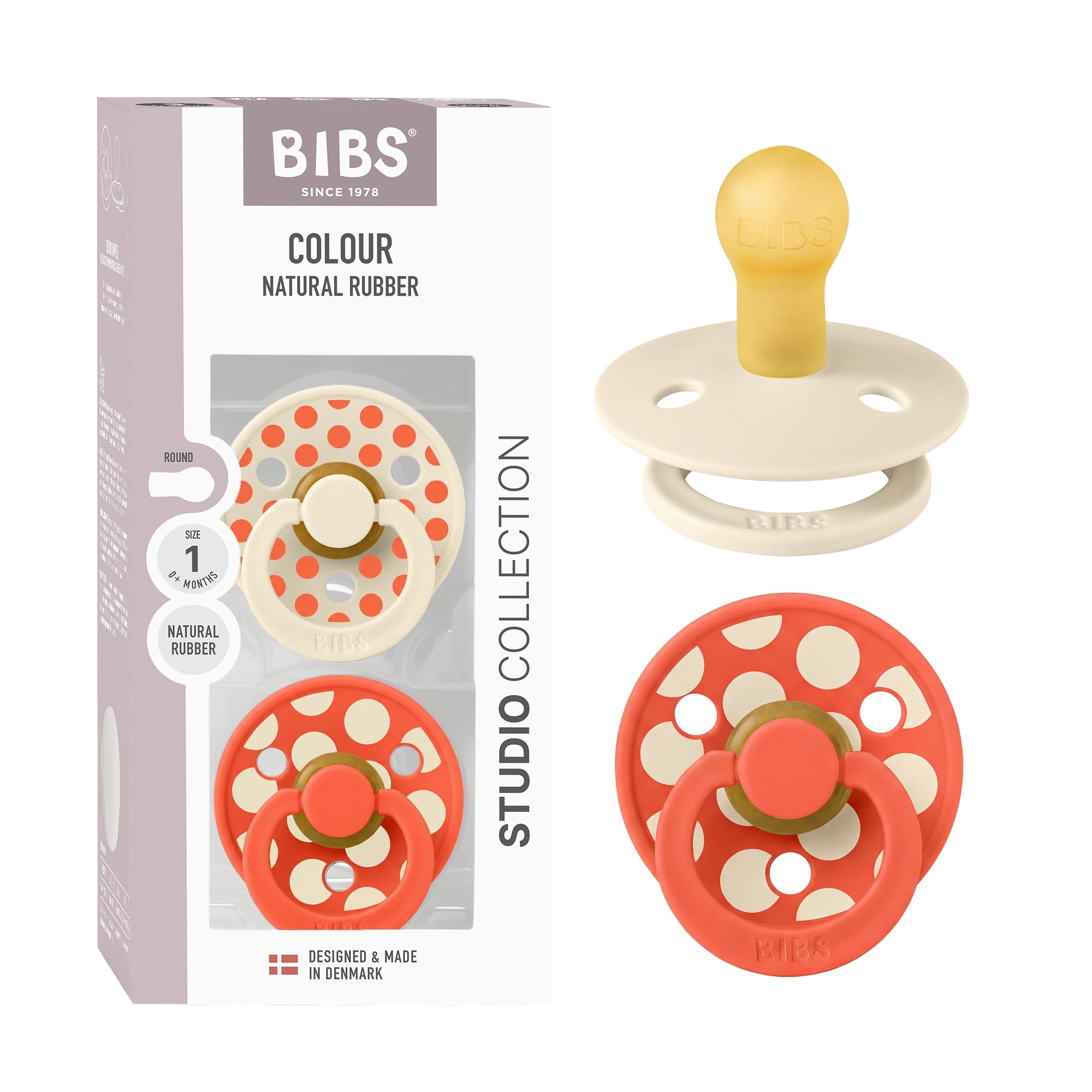 BIBS Colour Polka Dots Dummy, 0-6 Months, 2-Pack, Ivory/Tango