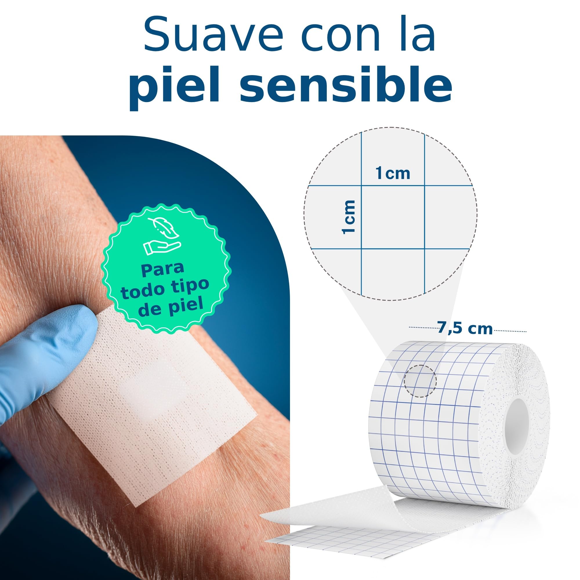 Esparadrapo médico en rollo 7,5 cm x 10 m | Cinta médica adhesiva TNT hipoalergénica y transpirable | Para fijación de apósitos y curas | Uso profesional y doméstico – Suave con la piel