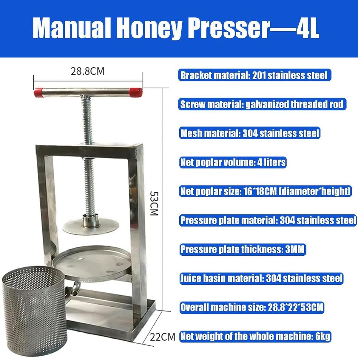 Edelstahl Mesh Honigpresse Bienenwachs Extraktor 4L Mesh Eimer Imkerei Werkzeug Manuelle Honigpresse für Wein Honig Saft Herstellung
