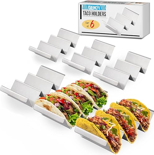 Juego de 6 soportes para tacos de acero inoxidable, cada soporte de metal para 3 tacos - Estante para tacos con asas - Elegantes soportes para tacos