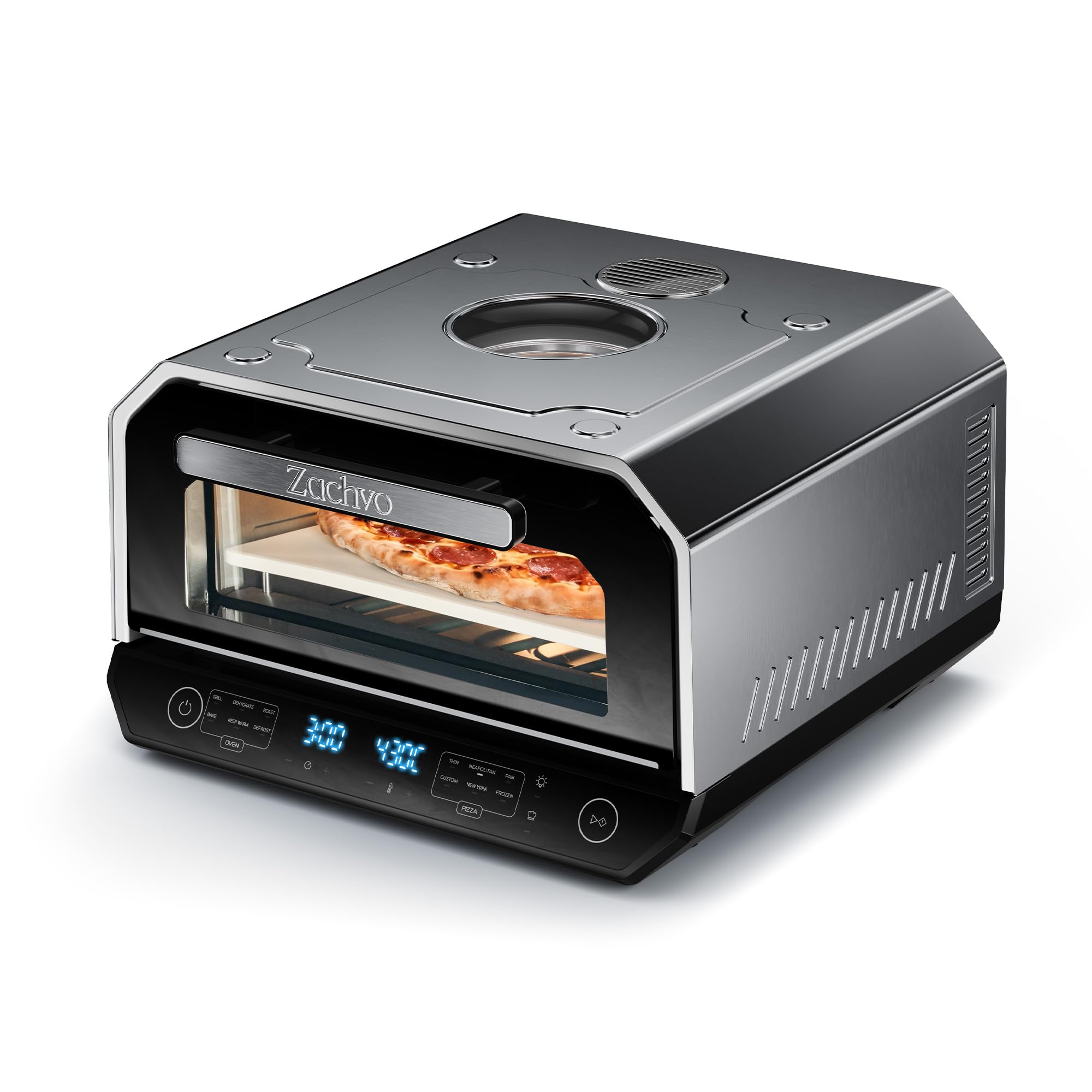 Forno per pizza elettrico 450 °C – pizza napoletana in 90 secondi, finestra e illuminazione interna, 13 programmi (6 pizze + 6 cucinare + professionali), 14,6 l, grande pala per pizza e pietra