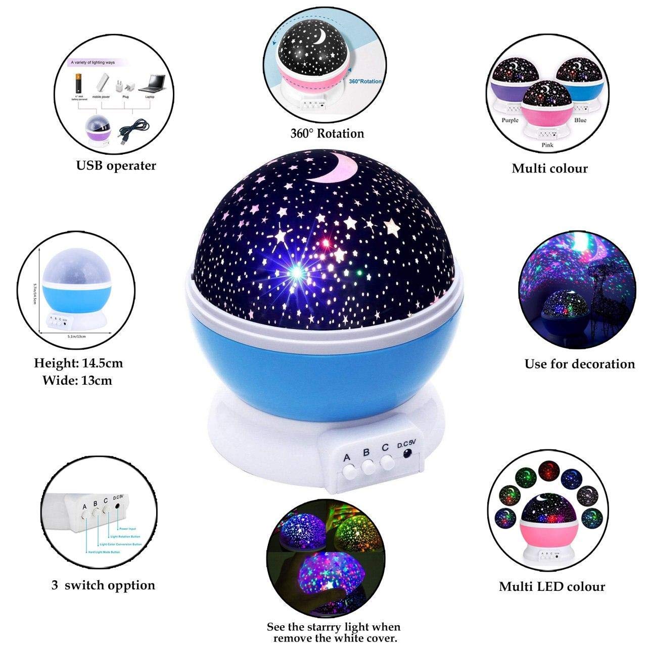 RAVIRANDAL Romantic Sky Star Master Night Projector Lamp with USB Multi Colour 4 LED Rotation Baby Sleep Lighting USB Lamp Led Projection for Diwali Decor,Kid's Room, Home Decor -Multicolour 1