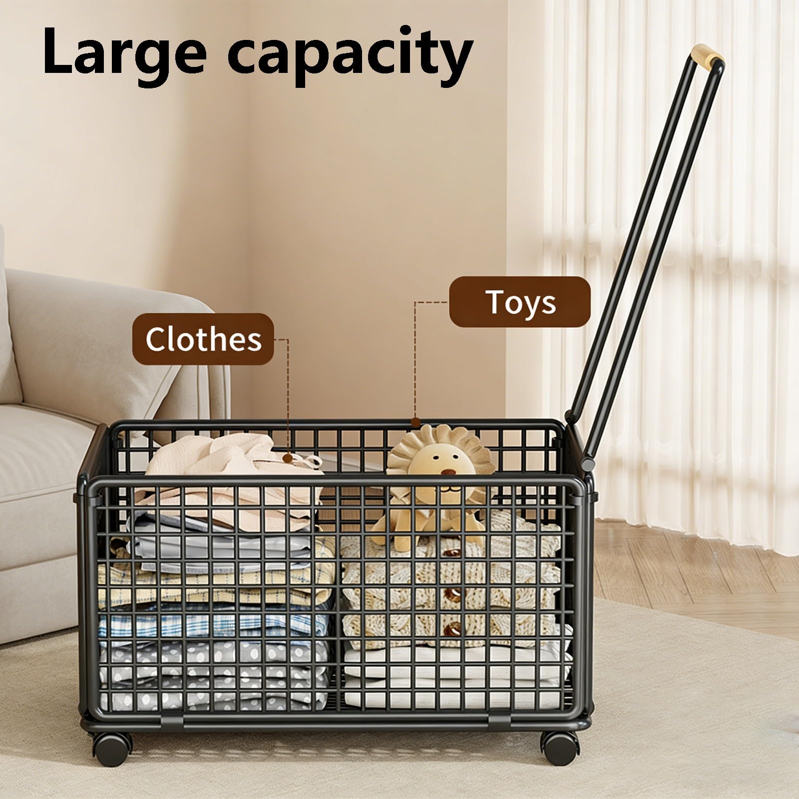 Cesto portaoggetti con manico, grande contenitore in metallo con ruote, cesto portabiancheria mobile per camera da letto, bagno, soggiorno, contenitore per giocattoli