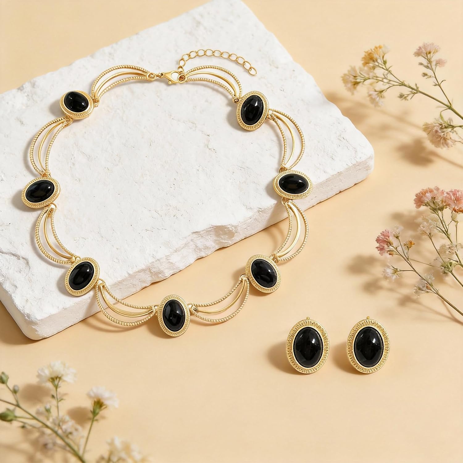 Black and Gold Jewelry Sets for Women, Gold Plated Textured Metal Necklace and Earrings Set with Deep Black Oval Stones, Coordinated Accessories for Wedding Party Gala - Image 4