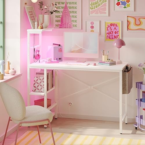 Miniatura 4 de Bestier Escritorio para juegos con tomas de corriente, escritorio LED de 44 pulgadas con estantes reversibles de 4 niveles, mesa de juegos de PC con