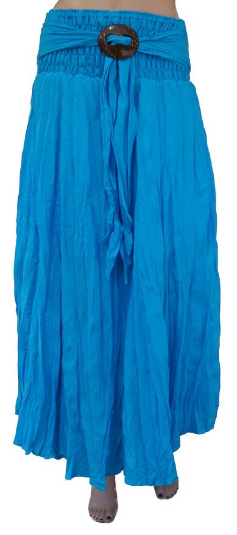 Knack Women's Long Full Crinkle Cotton Skirt & Coconut Shell Buckle (Beige) Waist 22"/56cm To 35"/88cm.