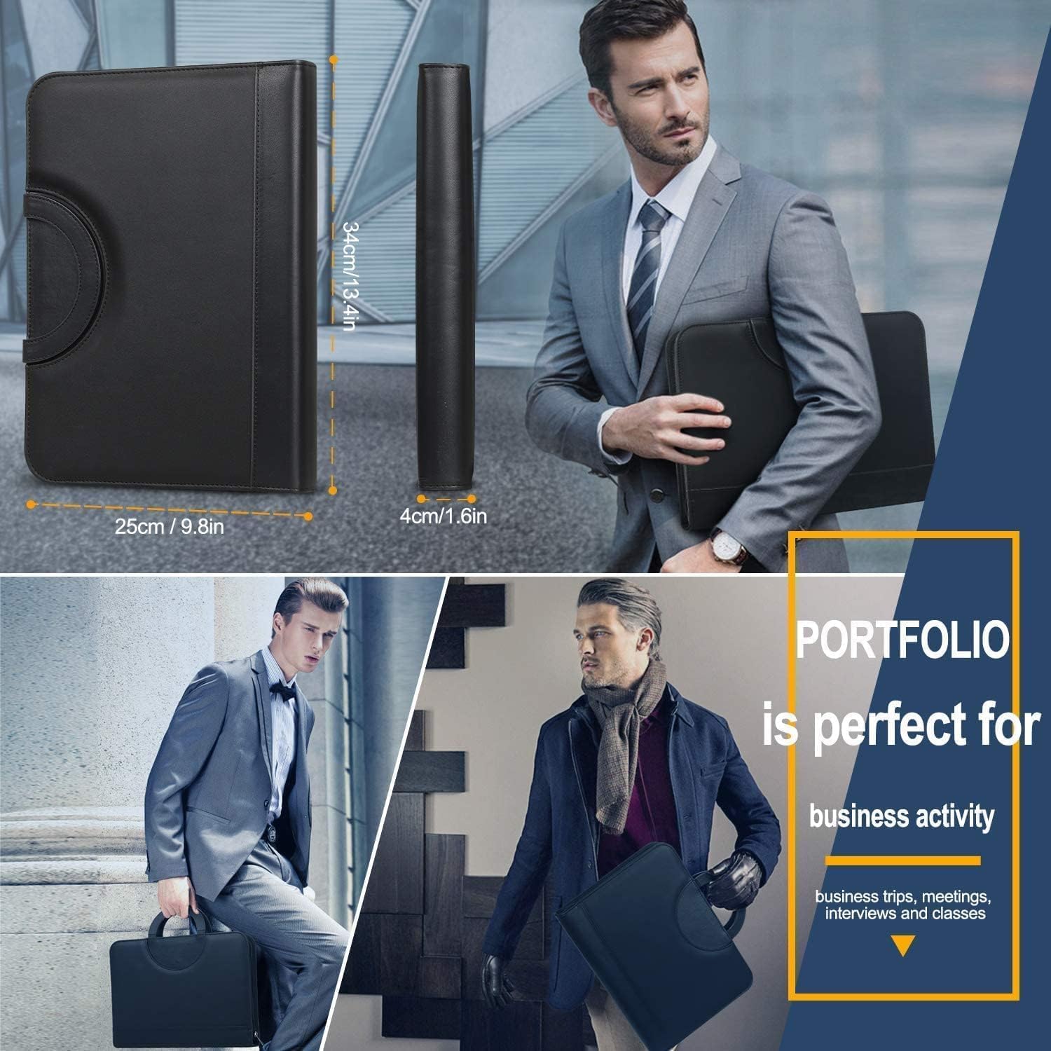 Cartella portadocumenti A4 in pelle con calcolatrice, raccoglitore ad anelli, manici magnetici pieghevoli, supporto tablet e smartphone