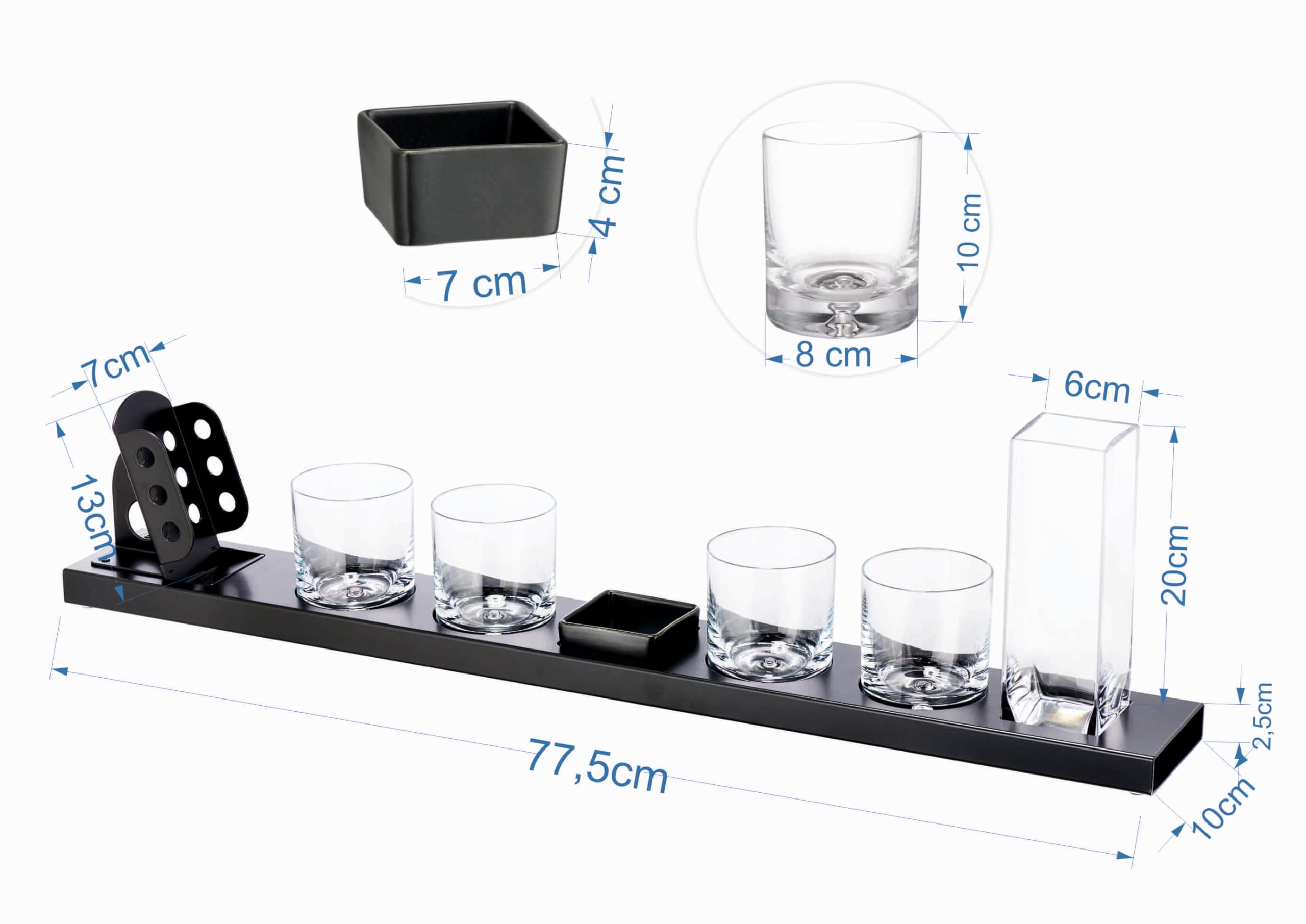 Servier-Set 4 Whisky Gläser ⌀8cm x 10cm und 1 Karaffe 6cm x 6cm x 20cm Metallbasis 77,5cm x 10cm mit Snackschale und Flaschenhalter für Haus und Bar Geschenk für Männer