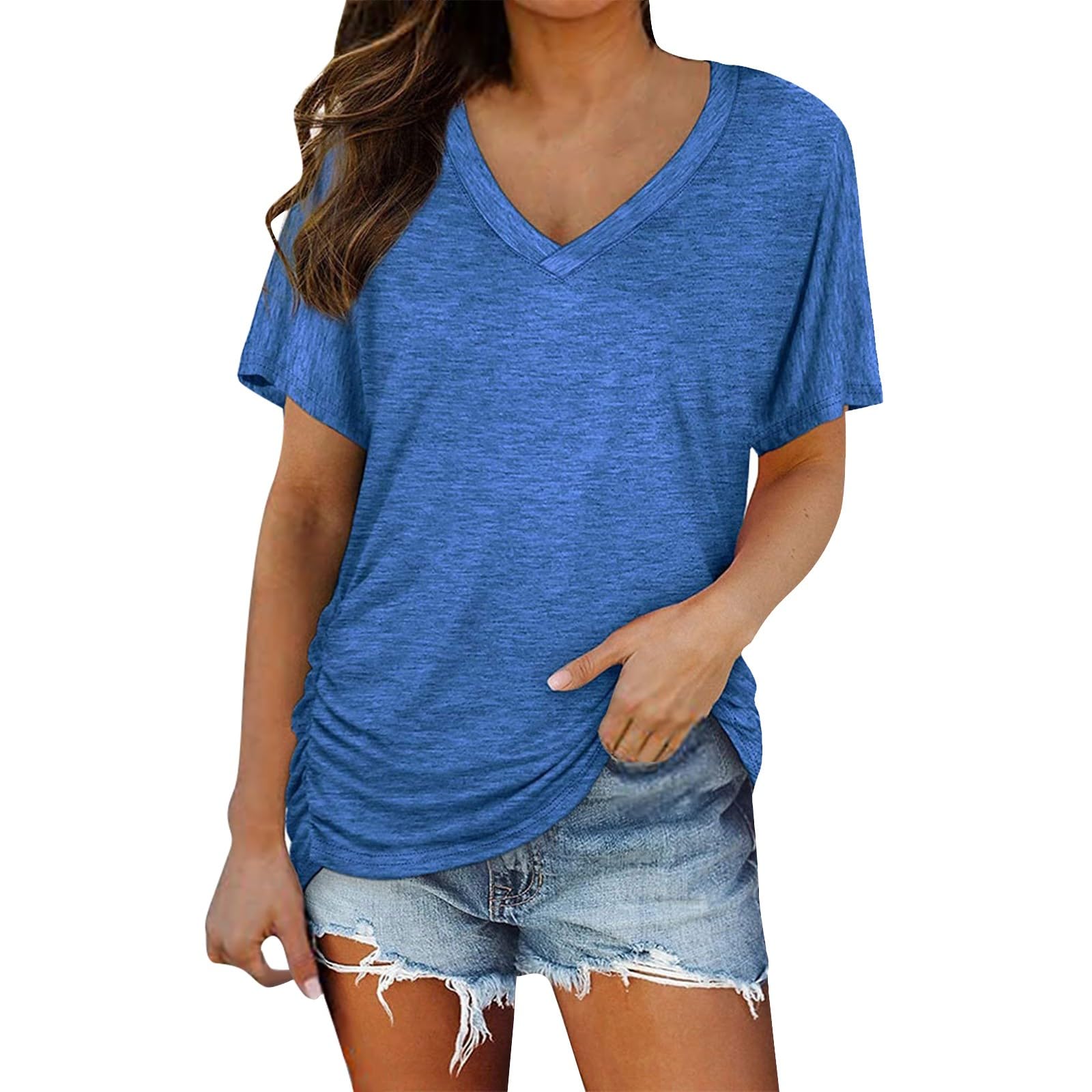 Short Sleeves V Neck Plain Color Soft Loose Fitting Summer - Main Image