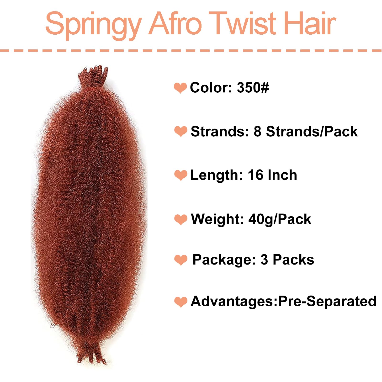 Mscat 16 Inch Pre-Separated Springy Afro Twist Hair 3 Packs Copper Red Marley Twist Crochet Braiding Synthetic Hair Extensions (8 Strands/Pack,350#) - Image 2