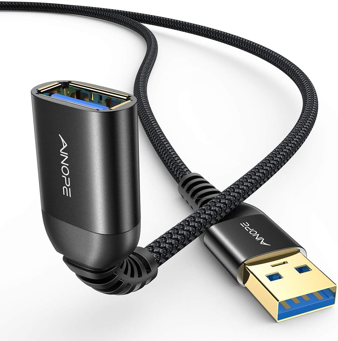 AINOPE 2 Pack USB Extensions Cable High Speed USB 3.0 Extension Cord Type A Male to Female Sturdy Braided Material Fast Data Transfer Compatible with USB Keyboard,Mouse,Flash Drive,Black,6.6FT+6.6FT