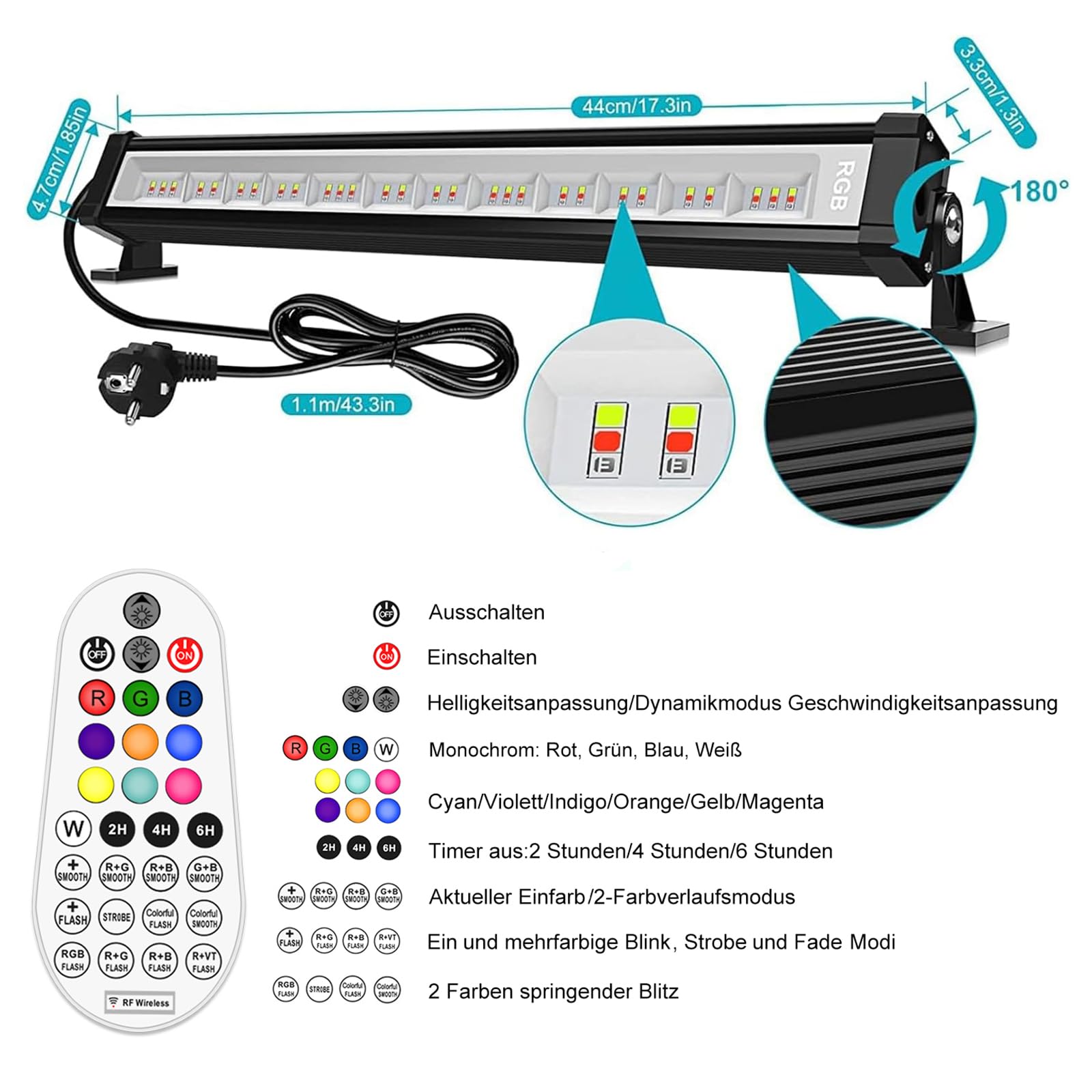 Linke Faretti LED RGB 42W con telecomando - Intensità variabile - Multicolore - IP66 - Impermeabile - Con funzione di memoria - Per esterno e interno - Per feste, giardino