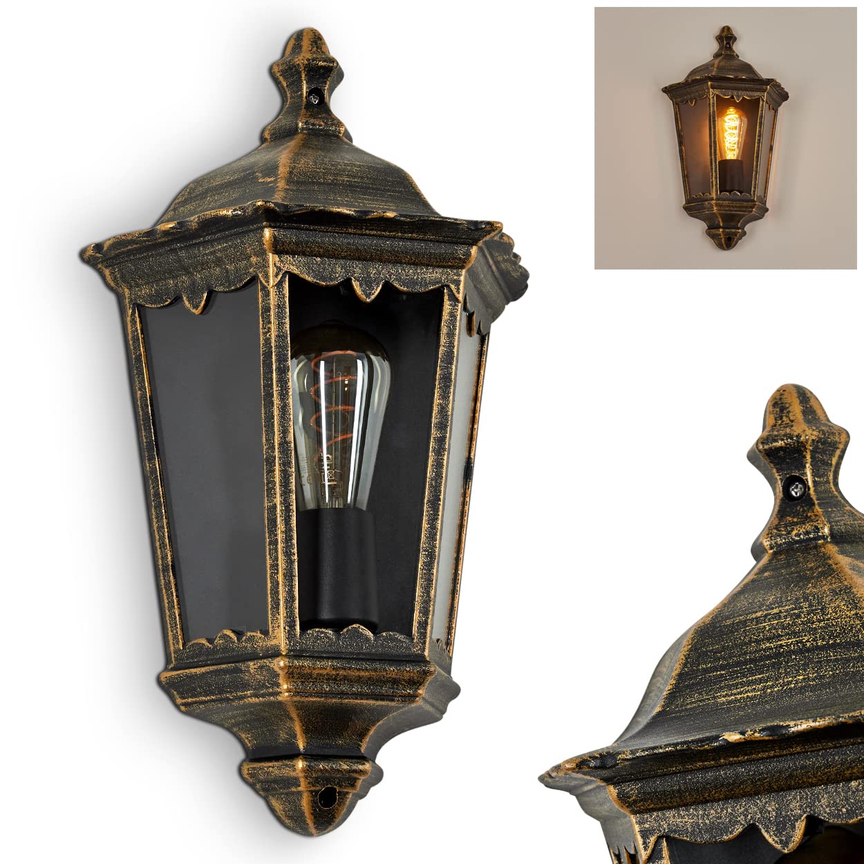 Applique d'extérieur Hongkong, lampe murale look antique en métal/verre brun-doré/clair, applique avec douille E27, lampe d'extérieur rétro/vintage pour terrasse/cour/entrée, sans ampoules