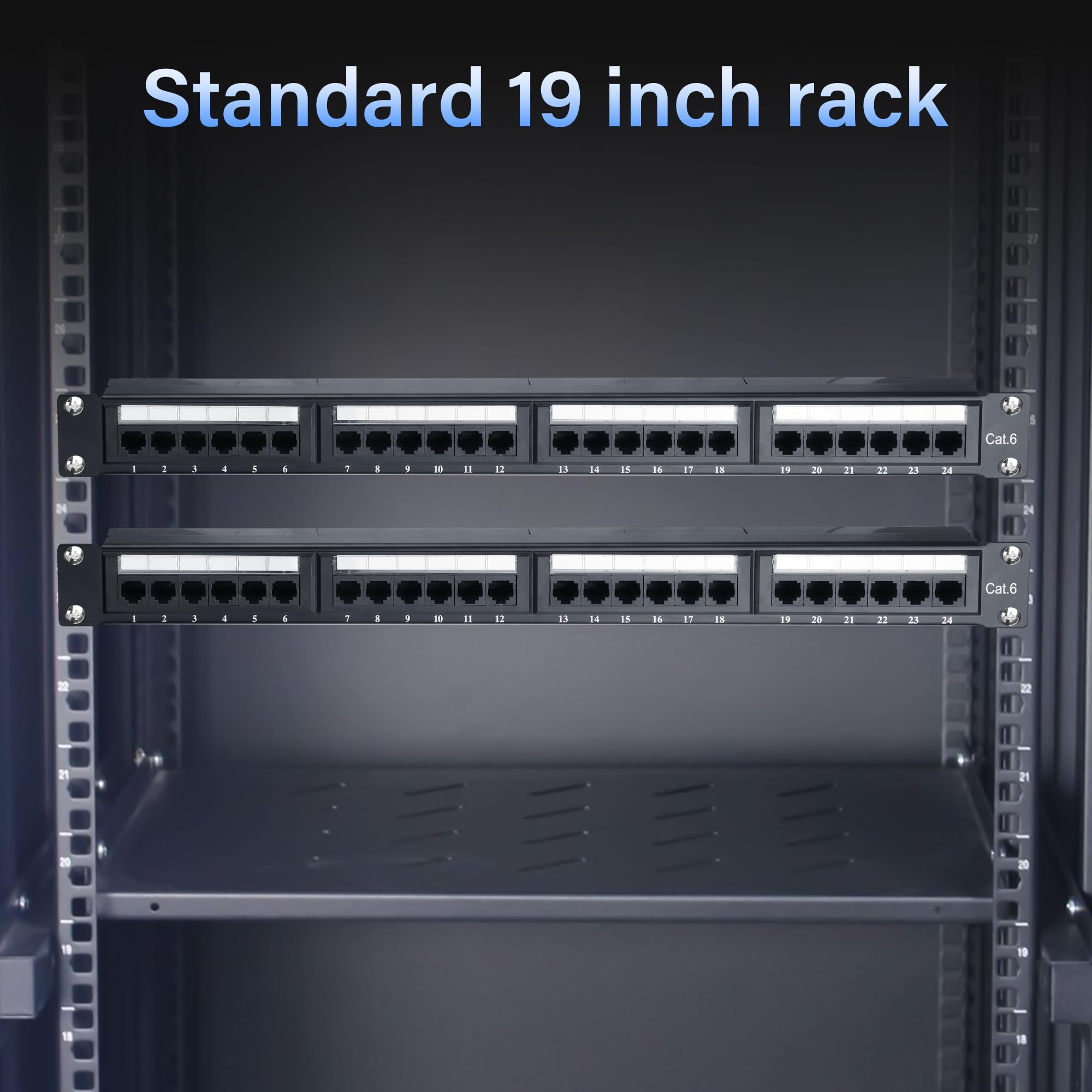 Pannello patch Cat6 da 10 Gbps, 24 porte RJ45, per montaggio su rack da 19", compatibile con Cat6, Cat5e, Cat5