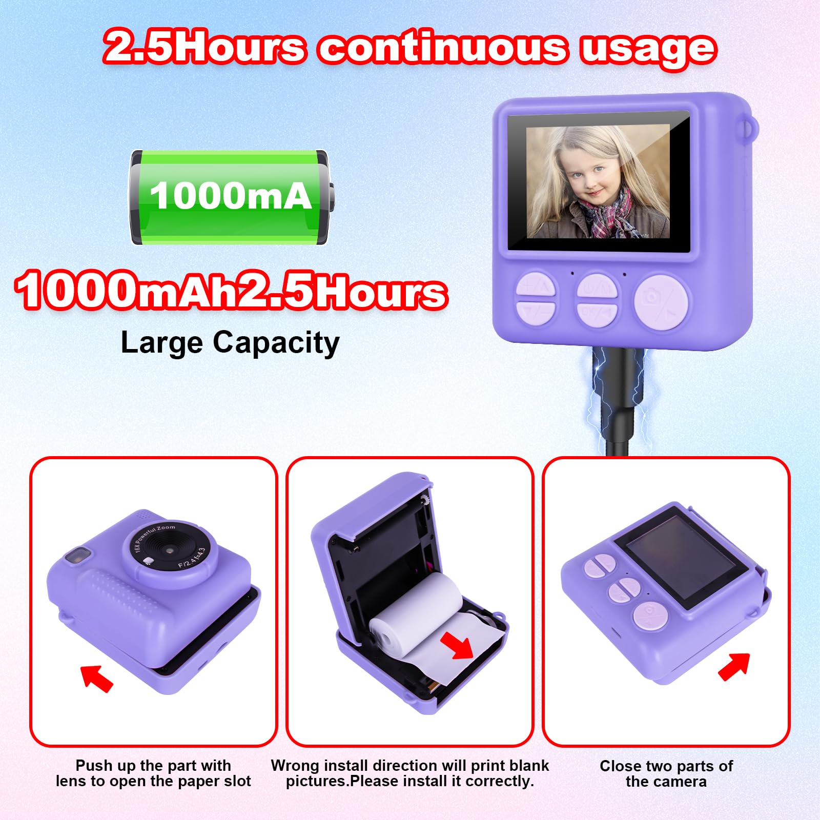 Appareil Photo Instantané Enfant,1080P HD Appareil Photo Numérique pour Enfants avec Carte SD 32 Go et Papier Photo Imprimé, Cadeau pour Filles Garçons 3-14 Ans (Violet)