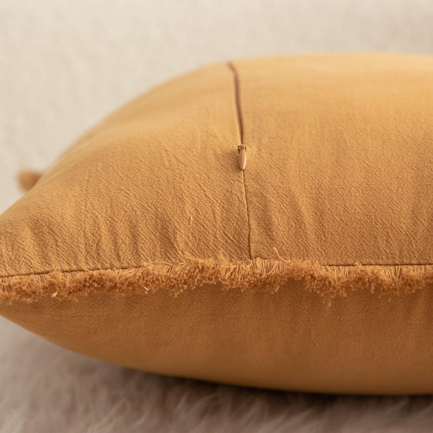 Mandioo Set of 2 Neutral Cotton Fringe Cushion Covers 65x65 cm 26x26 inch Decorative Boho Farmhouse Throw Pillowcase Cozy Tassels for Couch Sofa Bedroom Living Room Home Decor Orange Brown - Image 3