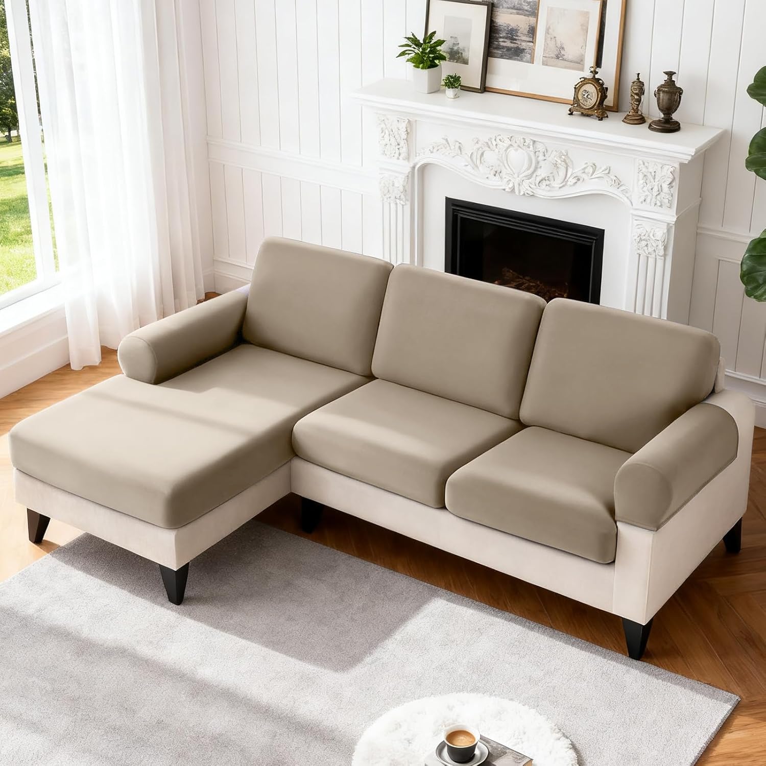 TAOCOCO Sectional Couch Covers Stretch Couch Cushion Covers for Sectional Sofa Chaise L Shape, 3 Pieces Sectional Seat Covers Soft Washable Furniture Protector(2 Seater + 1 Chaise, Taupe)