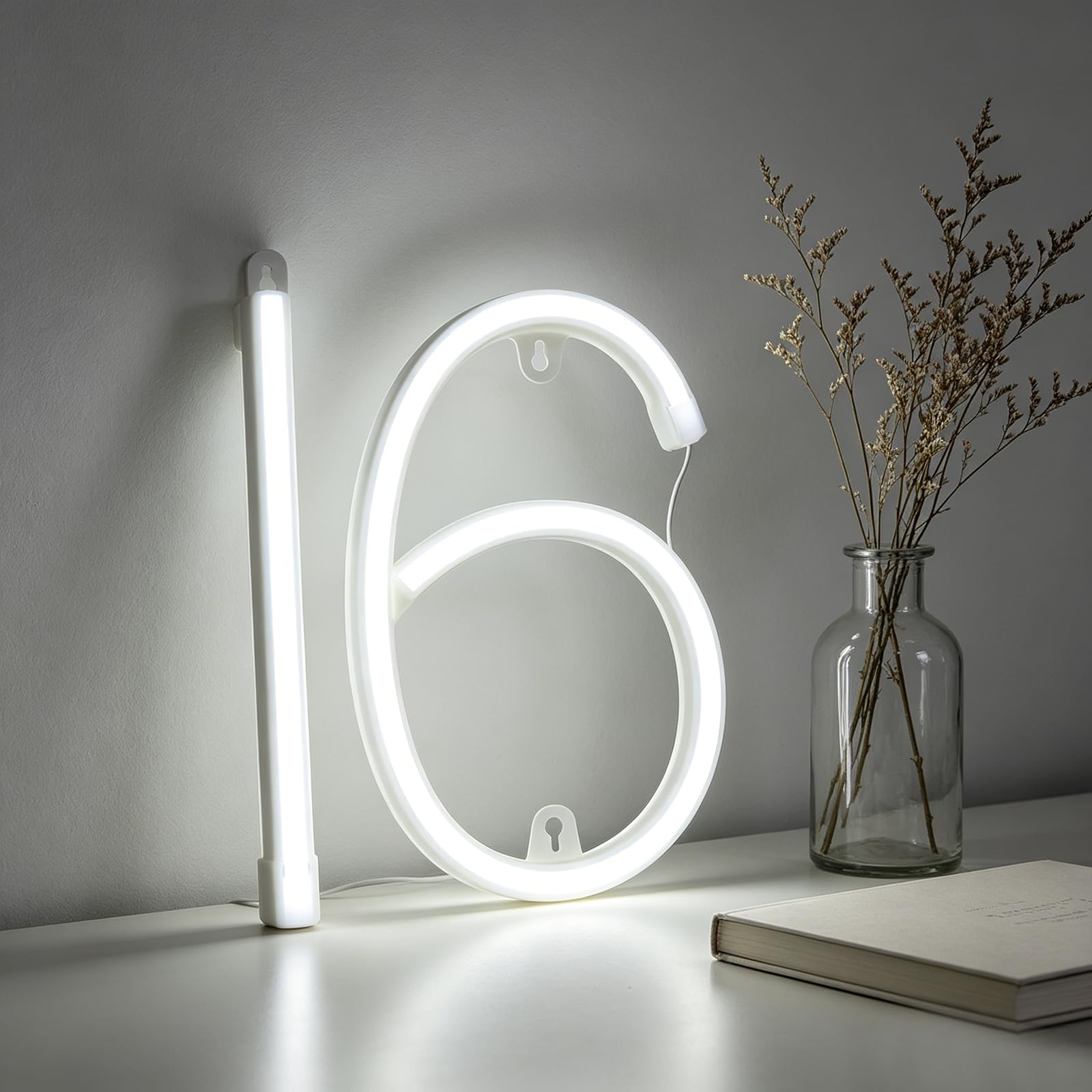 LED Neon Number Light, Neon Number Lights 16, LED Light Up Numbers for 16th Birthday Decorations, White Numbers Lights Sign for 16th Birthday Wedding Anniversary Home Bedroom Wall Party Decor