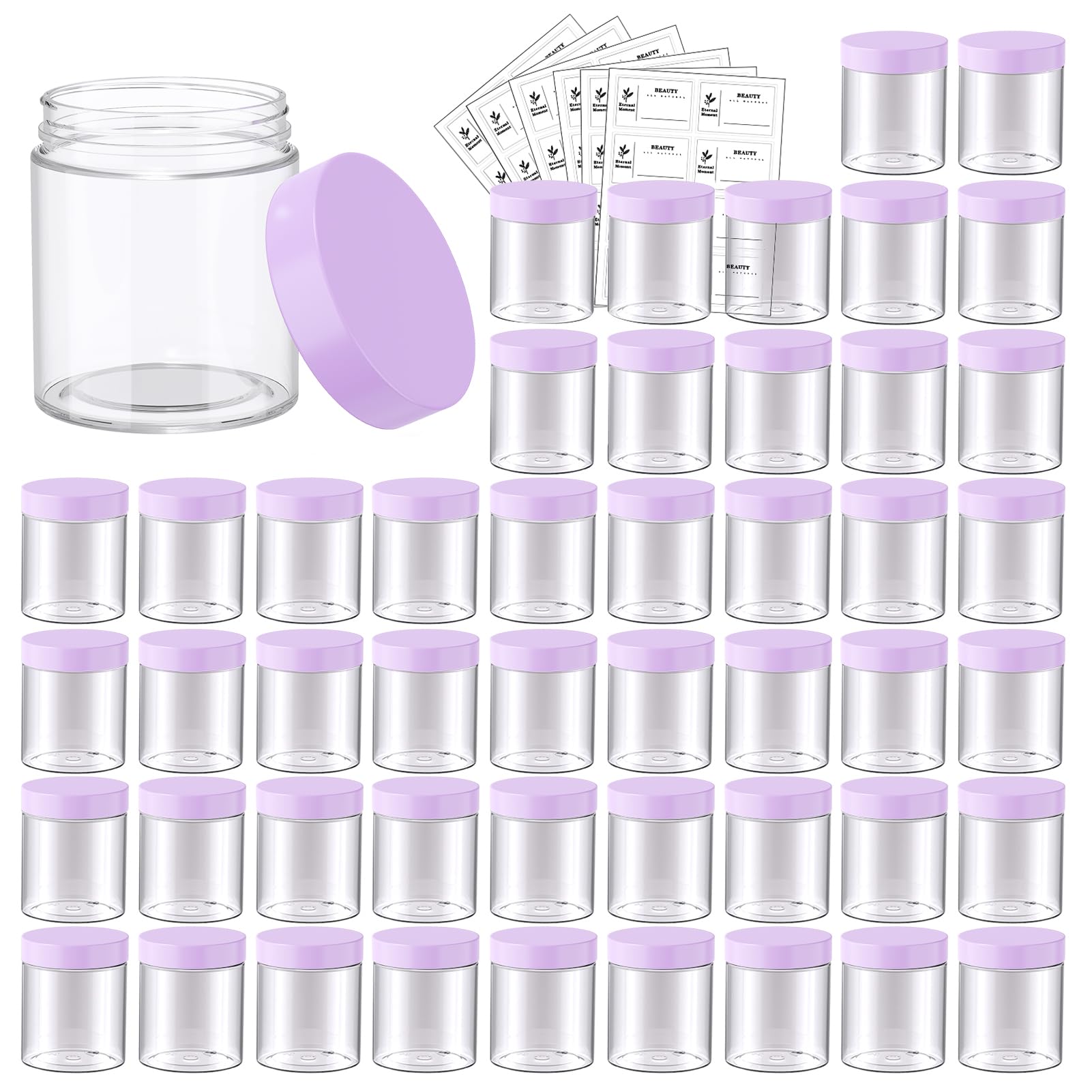 48 Pack 8 OZ Plastic Jars Round Clear Cosmetic Container Jars with Purple Lids, Eternal Moment Plastic Slime Jars for Lotion, Cream, Ointments, Makeup, Eyeshadow, Rhinestone, Samples, Travel Storage