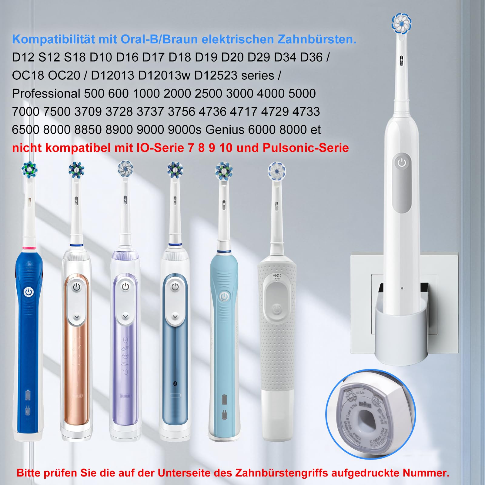 Teeteck Caricatore per spazzolini elettrici Oral-B, caricatore da parete con cavo riponibile, compatibile con Genius/Pro/Smart/Vitality/Kids/io2/io3/io4/io5/io6etc(tranne IO7/8/9/10 e Pulsonic) DE