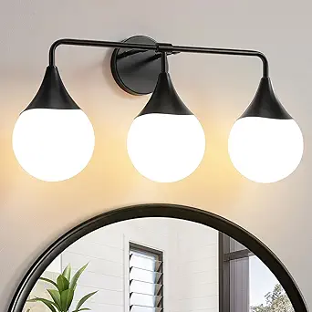 Mid Century Modern Bathroom Vanity Light Fixture - Matte Black Wall Sconce with Milky White Globe Glass, 3 Lights