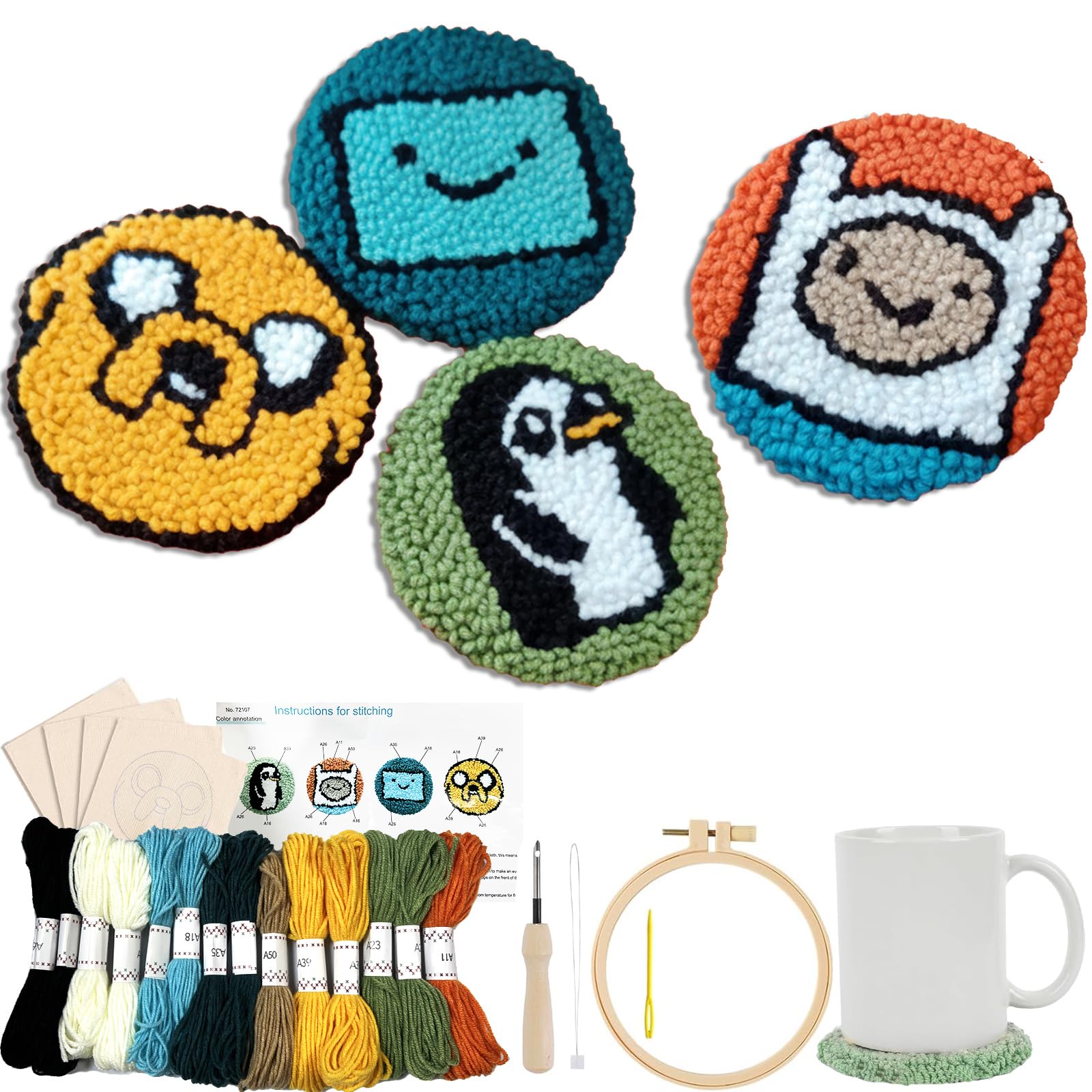 Siqinam Punch Needle Kit-4 Pack Adventure Time Themed (Finn, Jake, BMO, Gunter) - Includes Punch Needle, Embroidery Hoop, Yarn, and Easy Instructions - Creative Craft Gift