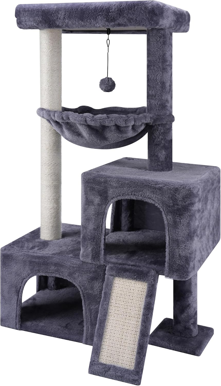 37.4" Cat Tree Tower with Twin Cat Condos for Indoor Cats, All-in-One Activity Center with Cat Scratching Post Cozy Sleeping Perch Hammock and Toy Balls,Grey