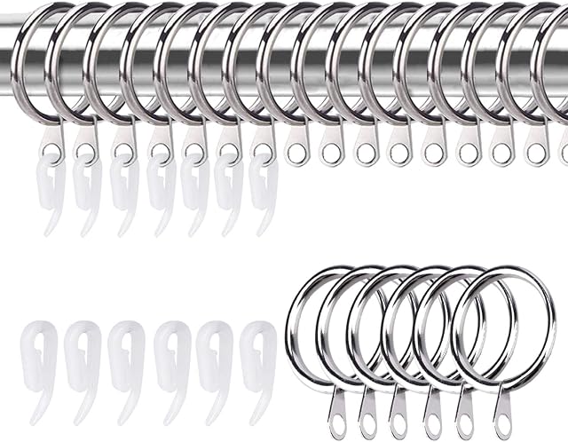 50 Pack Curtain Rings and Hooks, KissDate 30mm Metal Drapery Curtain Rings Hanging Rings & Curtain Hooks Plastic White for Curtains and Rods, Drape Sliding Eyelet Rings(Silver)